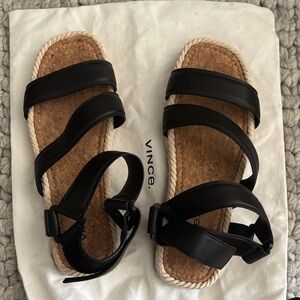 NWOT Vince Black Leather Triple-Strap Espadrille Sandals